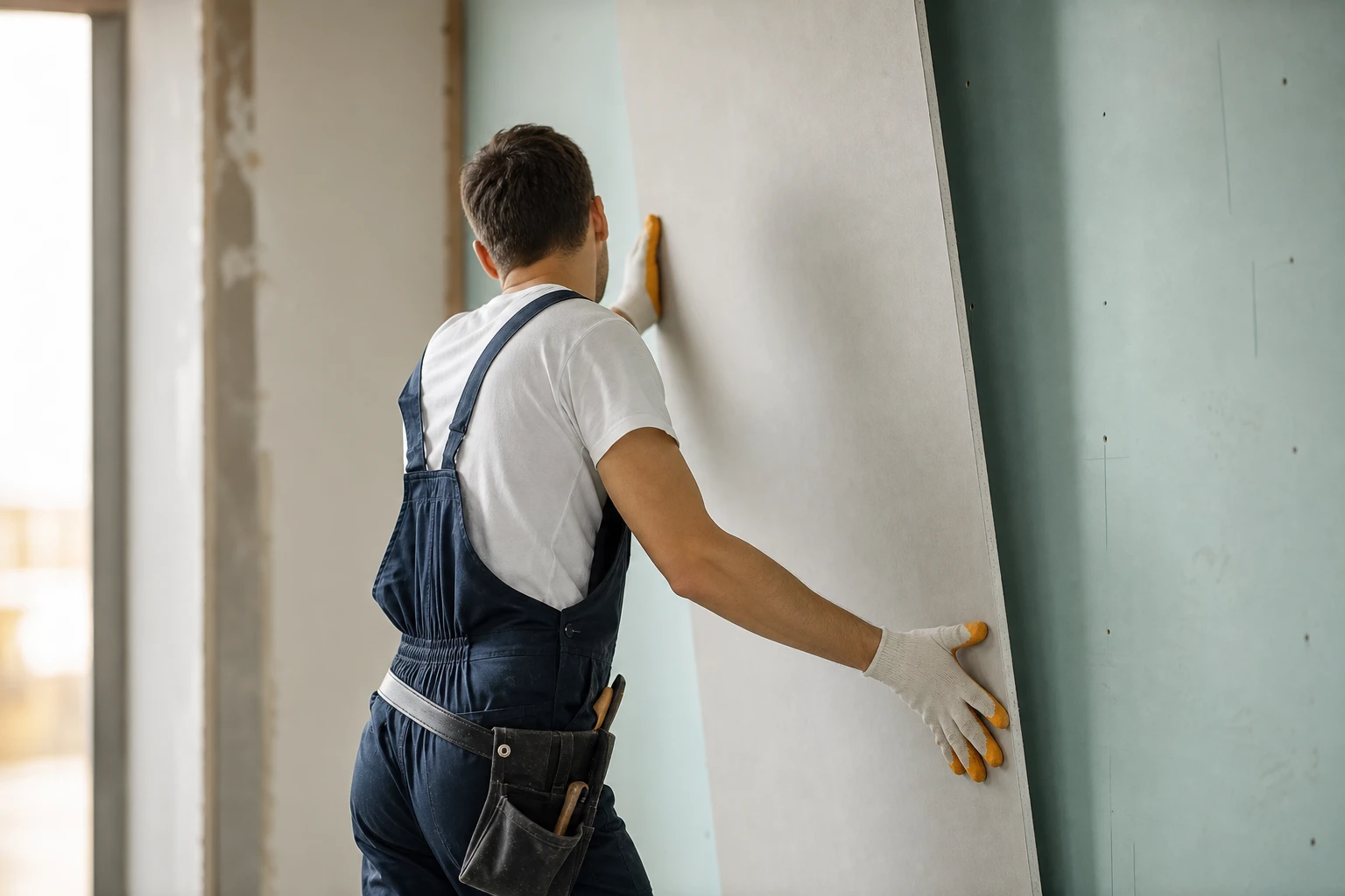 Handwerker bringen eine Gipskartongroßplatte an einer Innenwand an